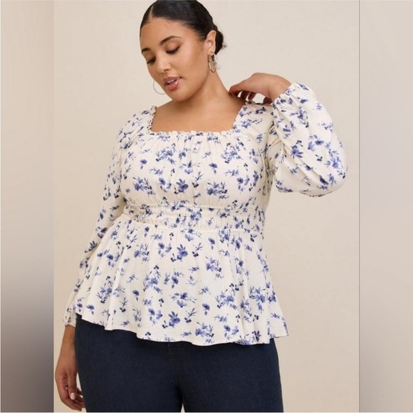 NWT TORRID Rayon Slub Waist Detail Blouson Sleeved Blouse in Floral White 2X - Picture 6 of 11